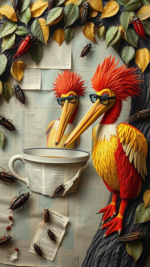 Surreal Scene of People on Newspaper Tree with Cockroaches