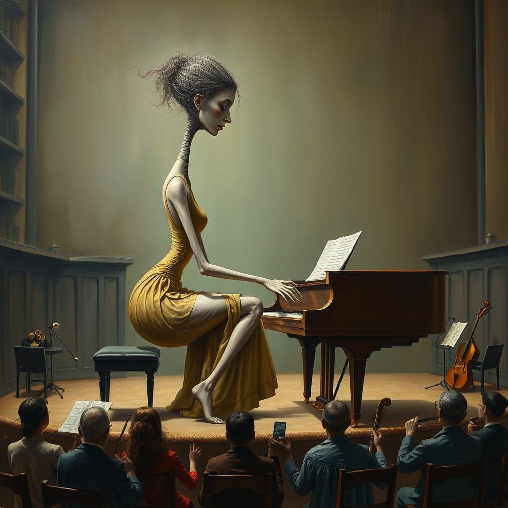 Surreal Oil Painting of Colossal Pianist and Strange Audienc...