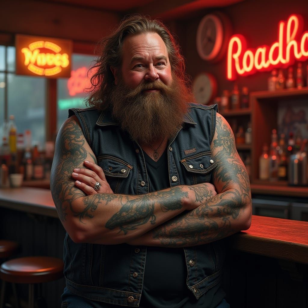 Hyper-Realistic Portrait of a Jovial Bartender in a Dimly Li...