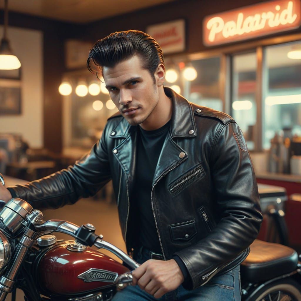 1950s Greaser on Motorcycle in Polaroid Style