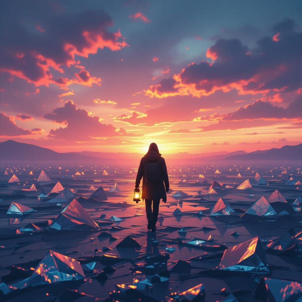 Glass Desert Traveler Under Neon Sky in Surrealist Style