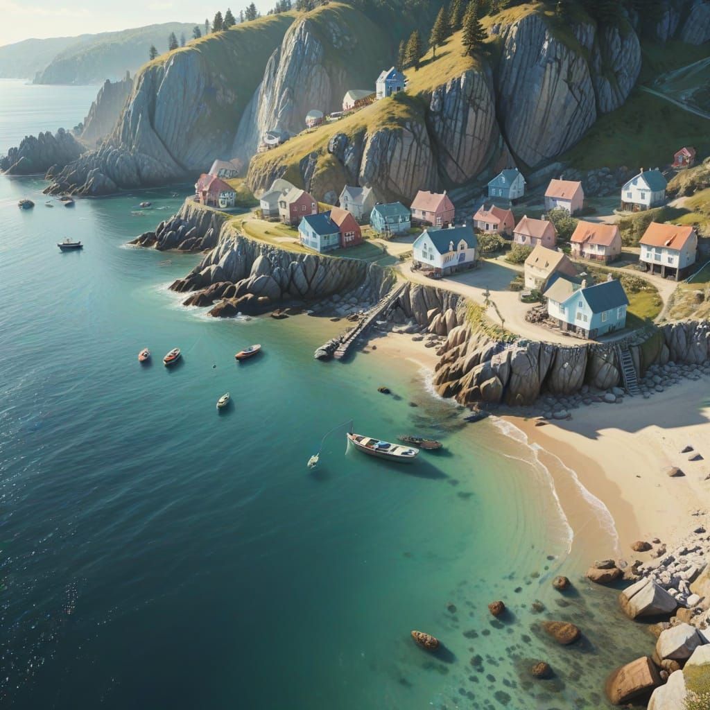 Whimsical Seaside Village Panorama in Watercolor Style