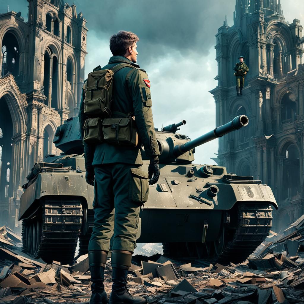 German Soldier in Ruined City: Digital Matte Painting