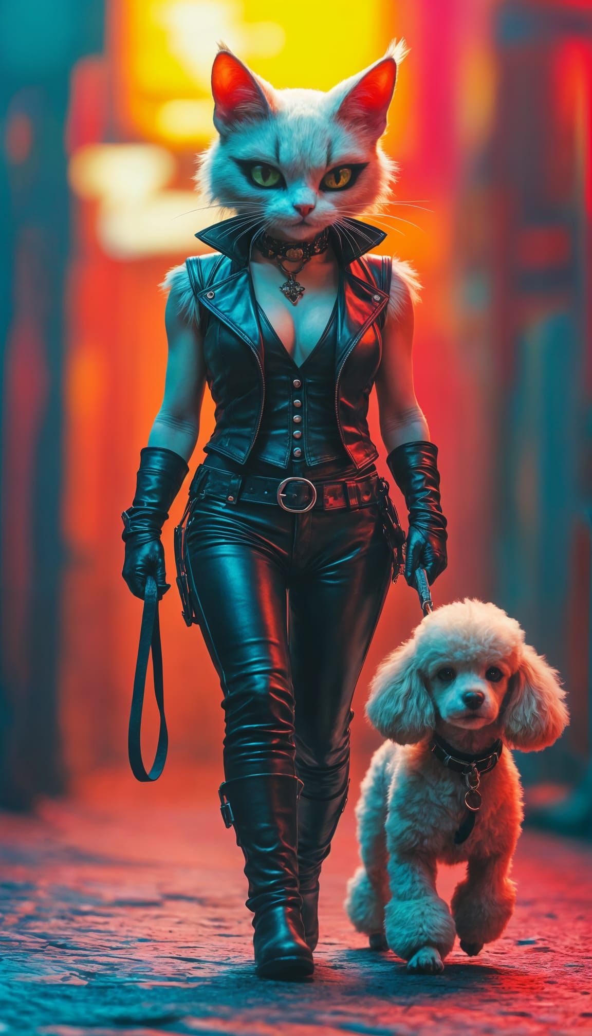 Hyperrealistic Cat Woman Walking Poodle
