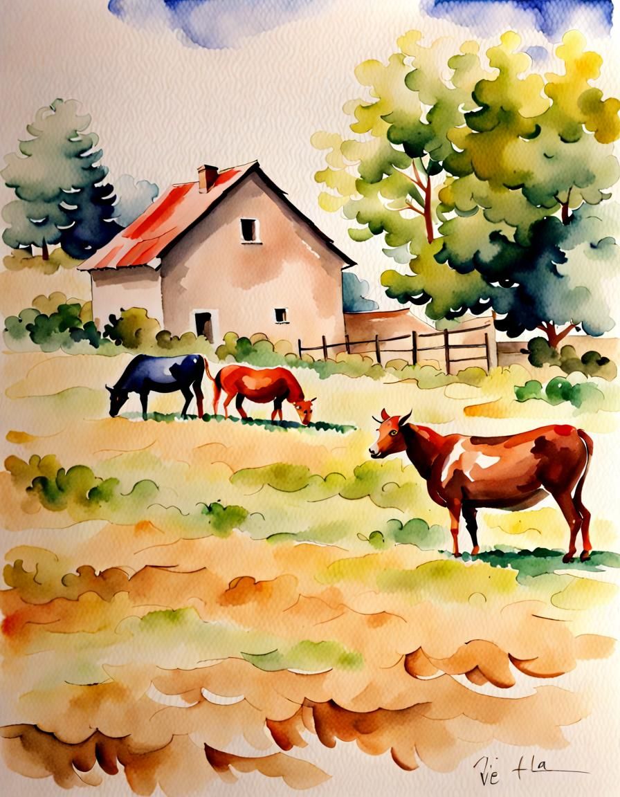 Watercolor Painting of a Farm Scene