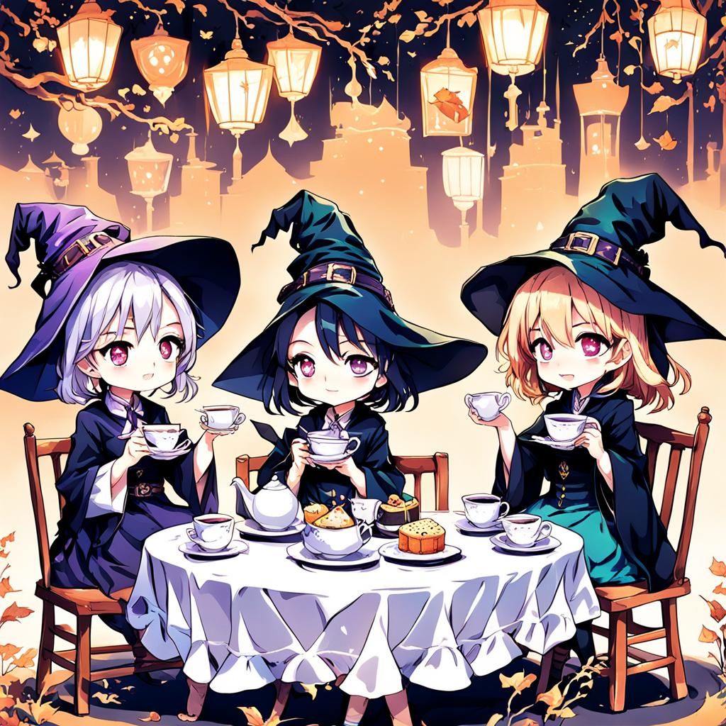 Chibi Witches Tea Party in Anime Style
