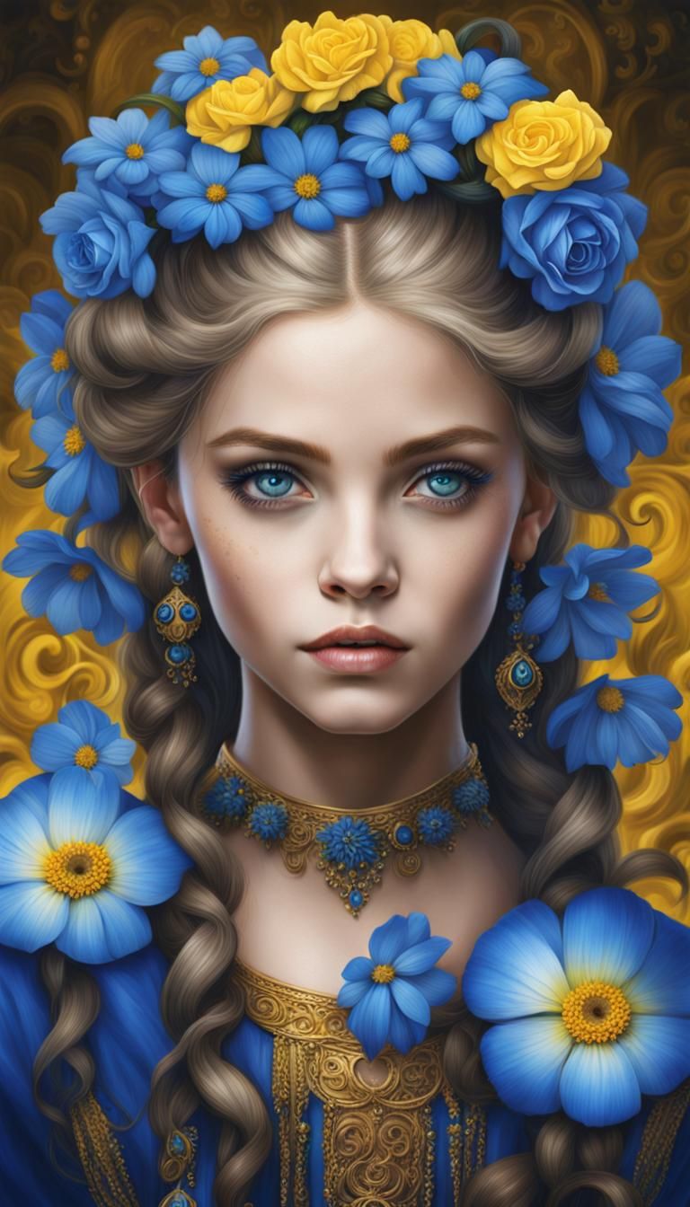 Girl with Blue Eyes and Floral Hairstyle