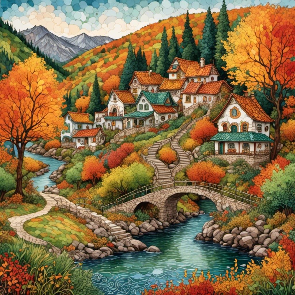 <lora:PR Zentabulous:1.0> Un Pueblo otoñal, con pequeñas cas...