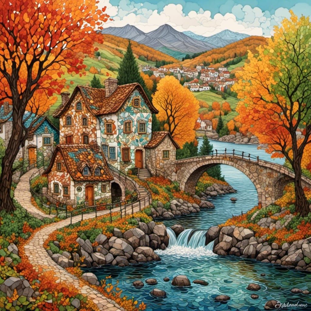 <lora:PR Zentabulous:1.0> Un Pueblo otoñal, con pequeñas cas...