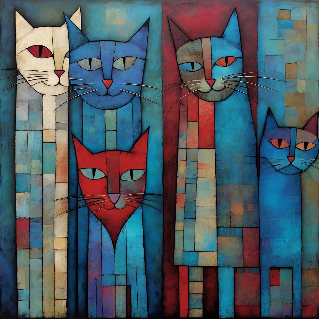 Three Cats Portrait in Art Brut Style