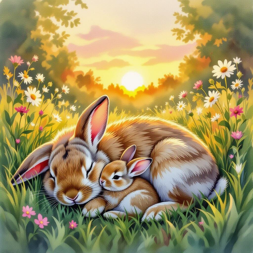 Dusk Garden Scene: Rabbits Cuddled at Sunset