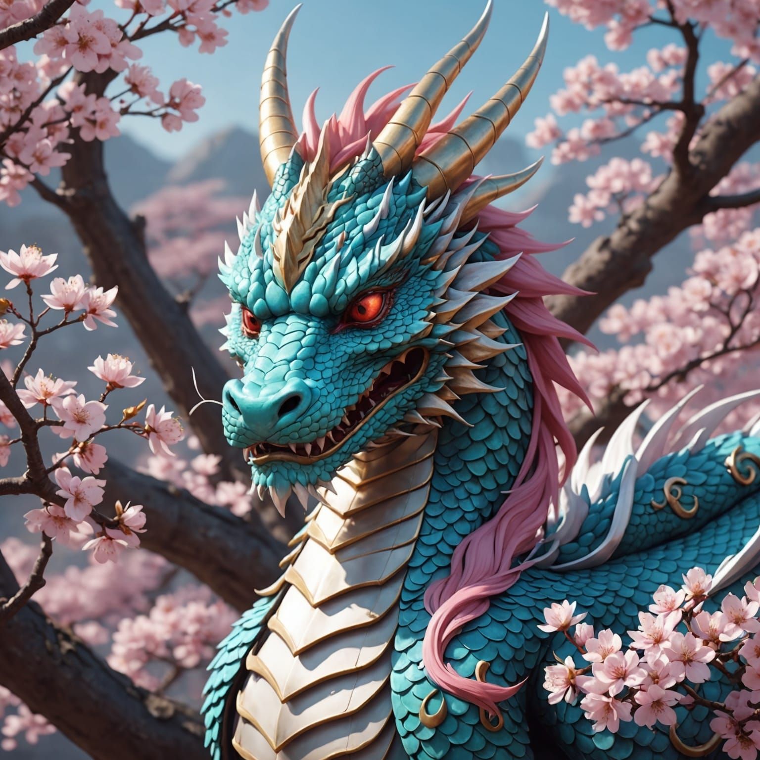 Cherry Blossom Dragon in Hypermaximilist Anime Style