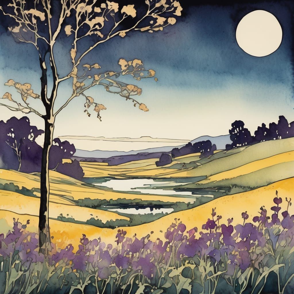 Plum Wildflower in Regionalist Watercolor Style