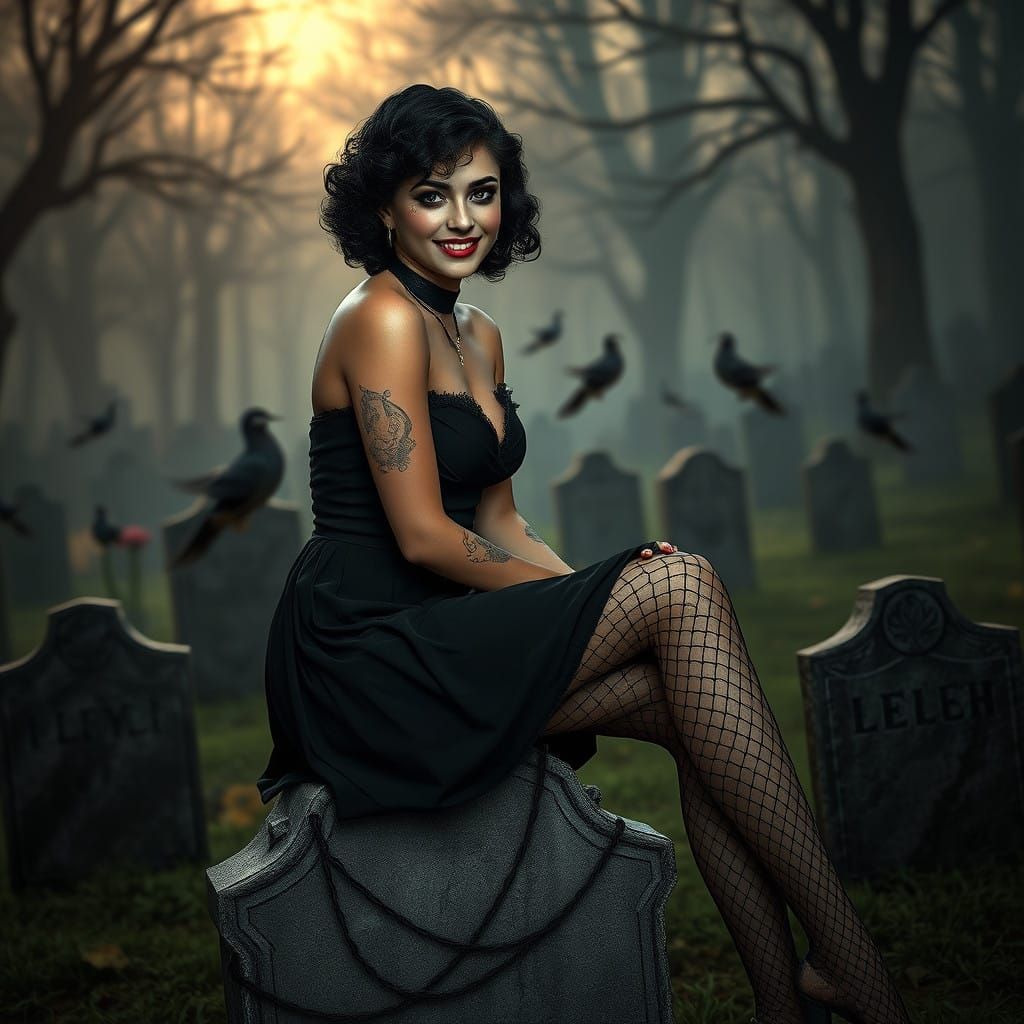 Gothic Goddess Sitting on a Tombstone in a Haunting Cemetery