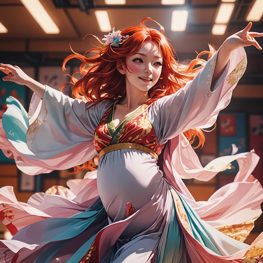 Anime Portrait: Pregnant Dancer in Vibrant Studio