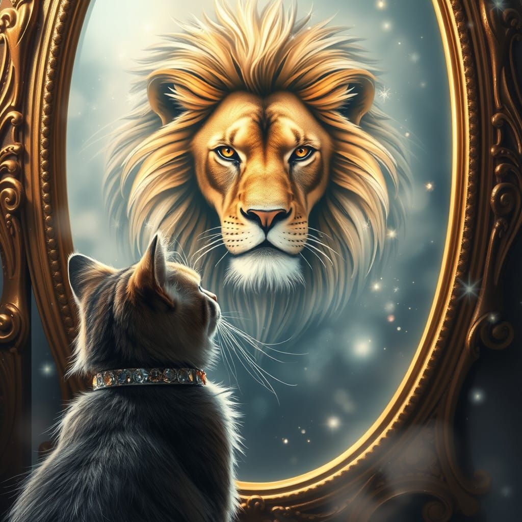 Regal Cat Transforms into Majestic Lion in Whimsical Reflect...