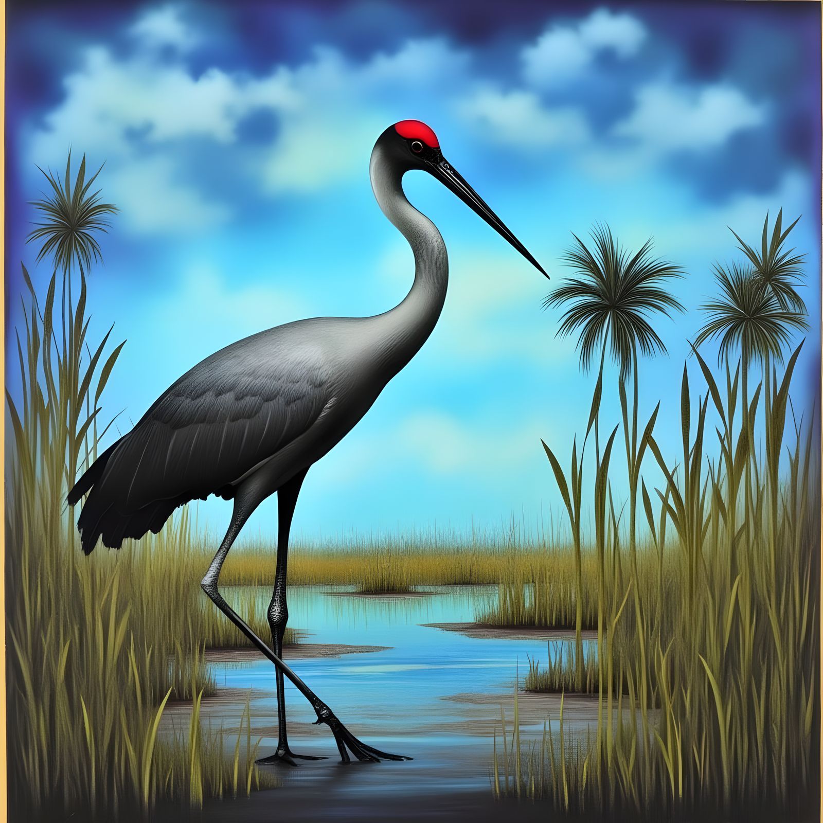 Sandhill Crane Forages in Estuary Under Stormy Sky