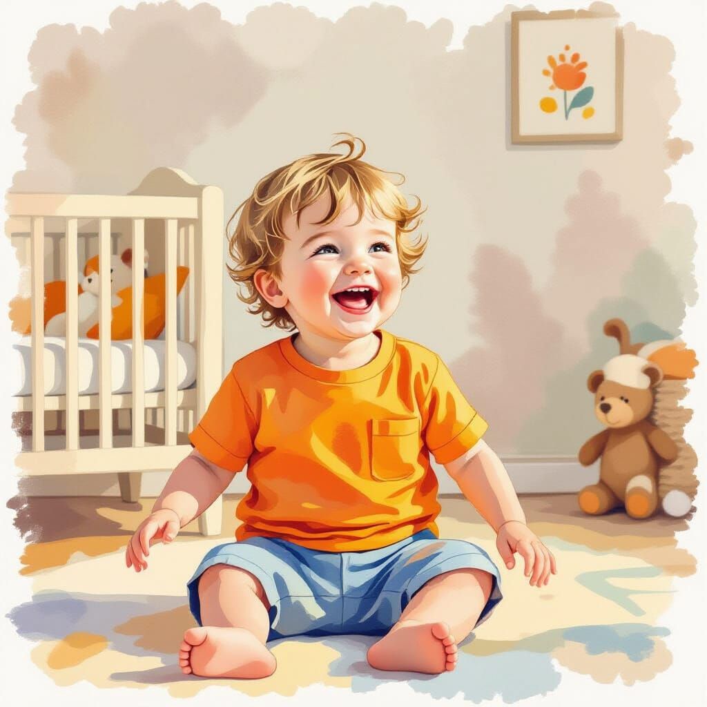 Playful Boy in Nursery, Watercolor Illustration