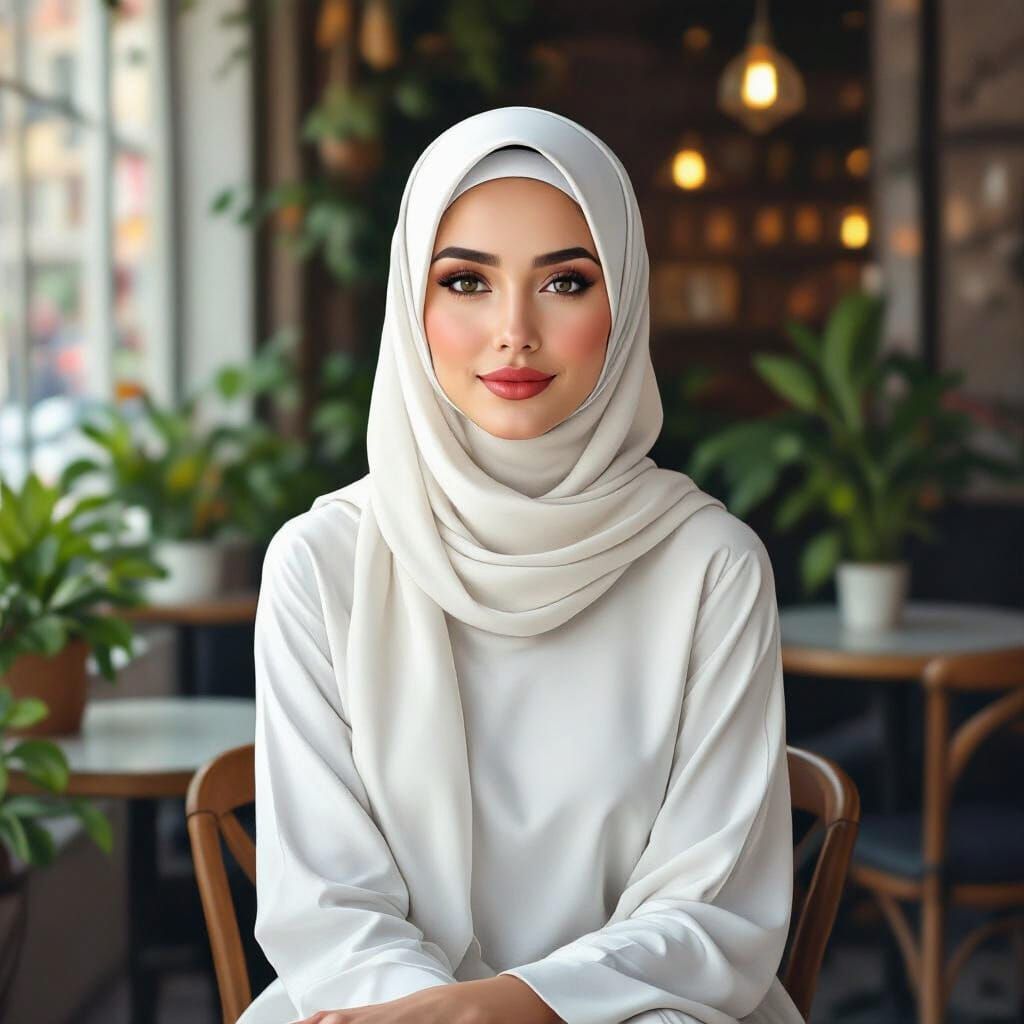 Minimalist Oil Painting of Elegant Woman in White Hijab
