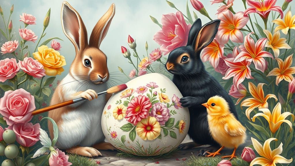 Rabbits and Chicks Painting Easter Eggs in Whimsical Style