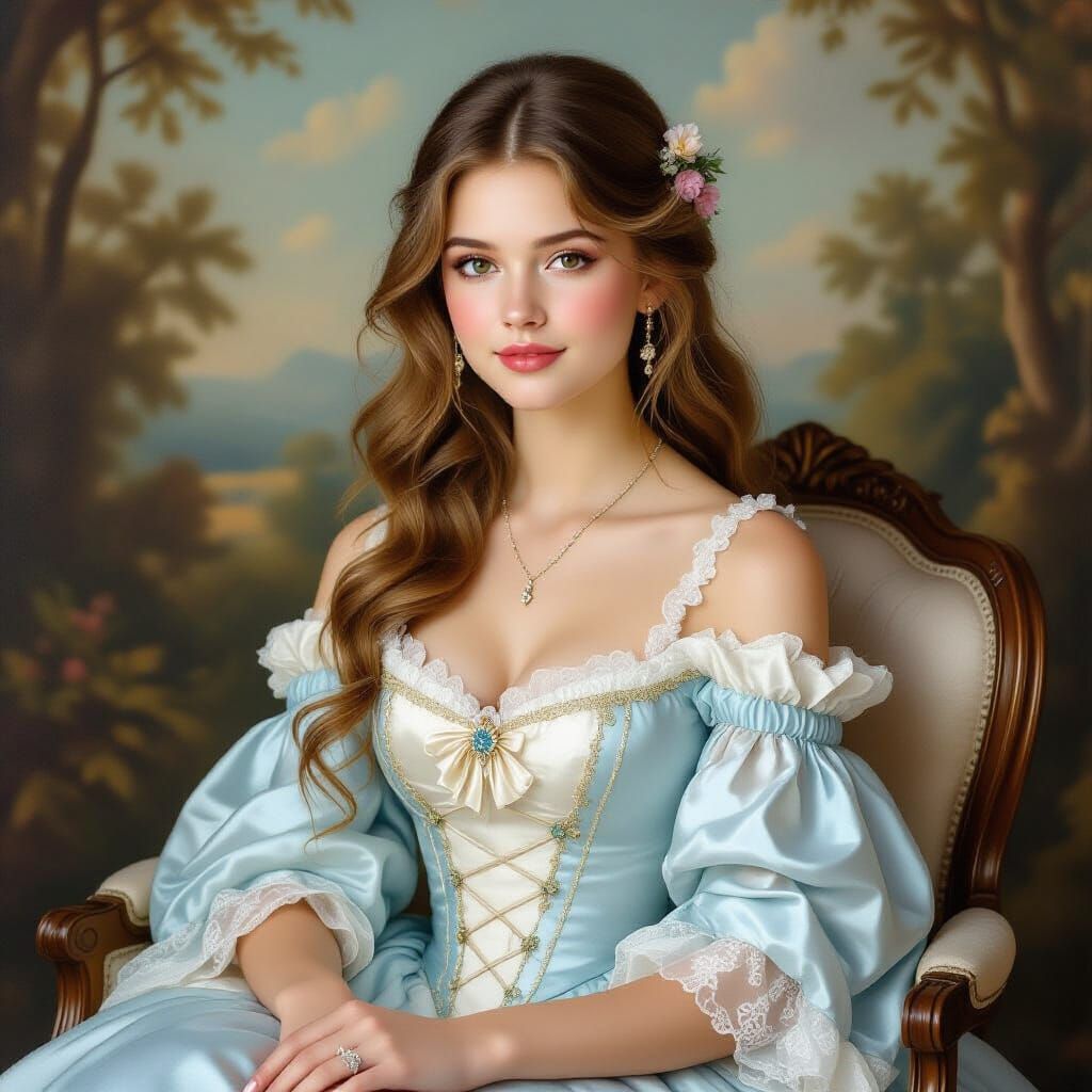 Elegant Young Woman in French Gown Amidst Classical Landscap...