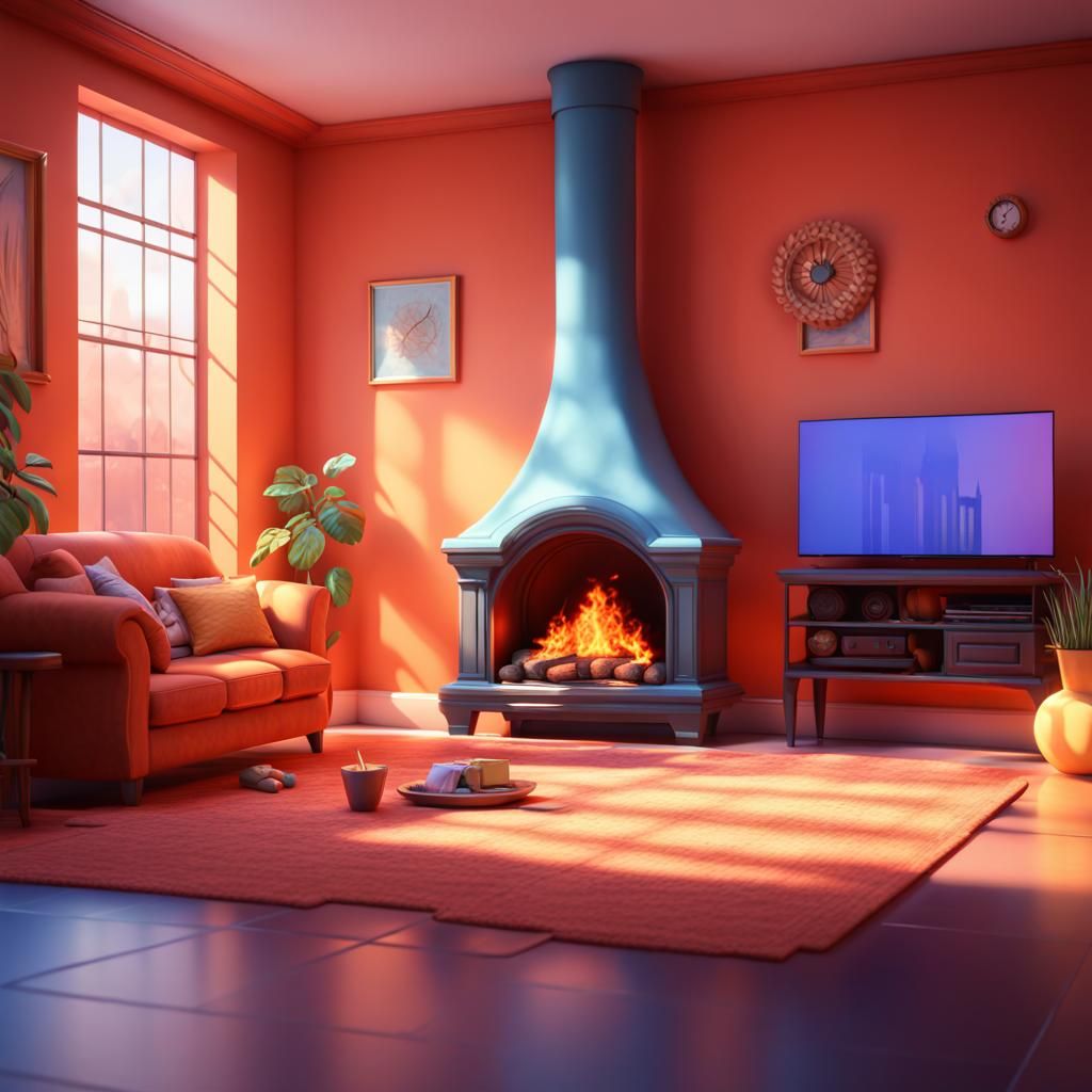 Pixar-Style Fireplace in 3D Digital Art
