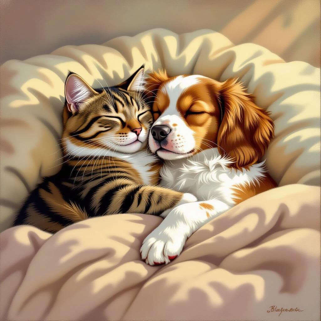Snuggling Tabby Cat and Spaniel in Early Morning Light