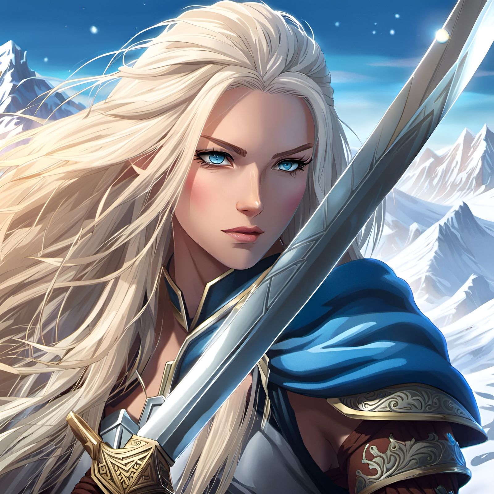 Anime Warrior Woman with Sword in Snowy Mountains