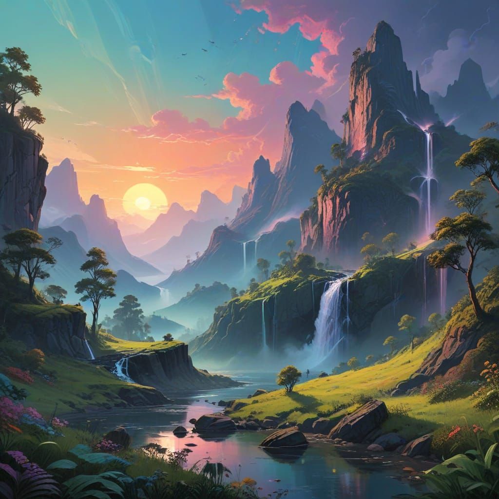 Dreamlike Landscape in Vibrant, Gradient Skies with Intricat...