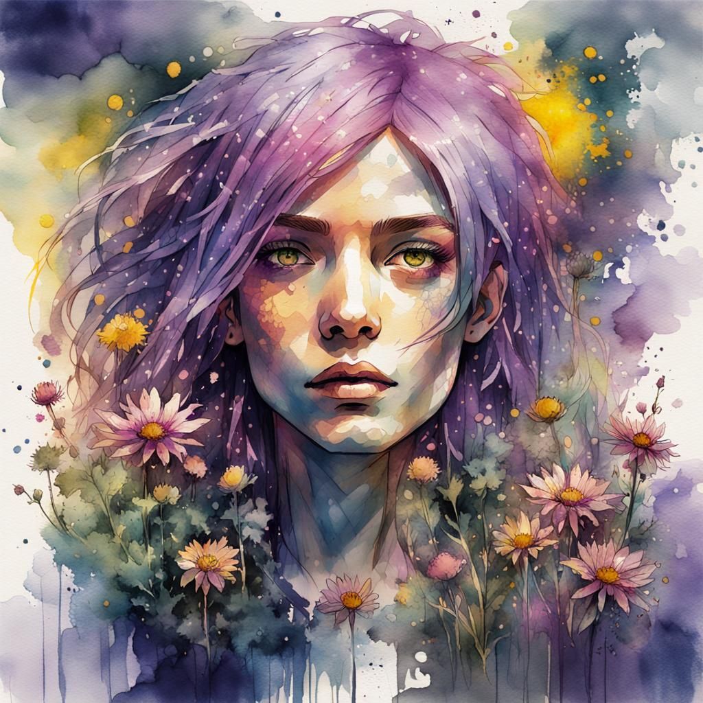 Nymphadora Tonks Watercolor Portrait with Wildflowers
