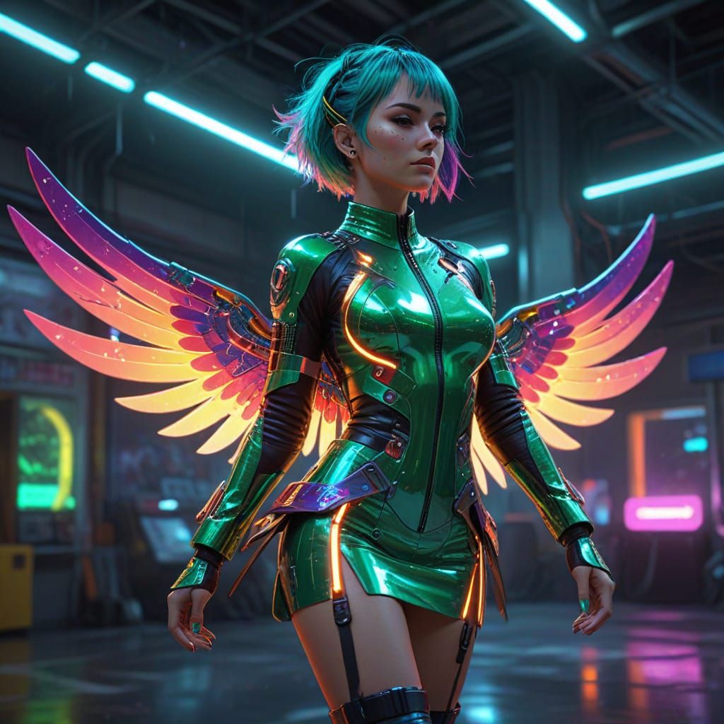 Bubblepunk Courier with Record Wings in Cyberpunk Style