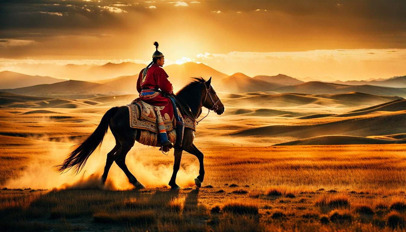 Mongolian Horse Rider at Sunrise, Cinematic Style