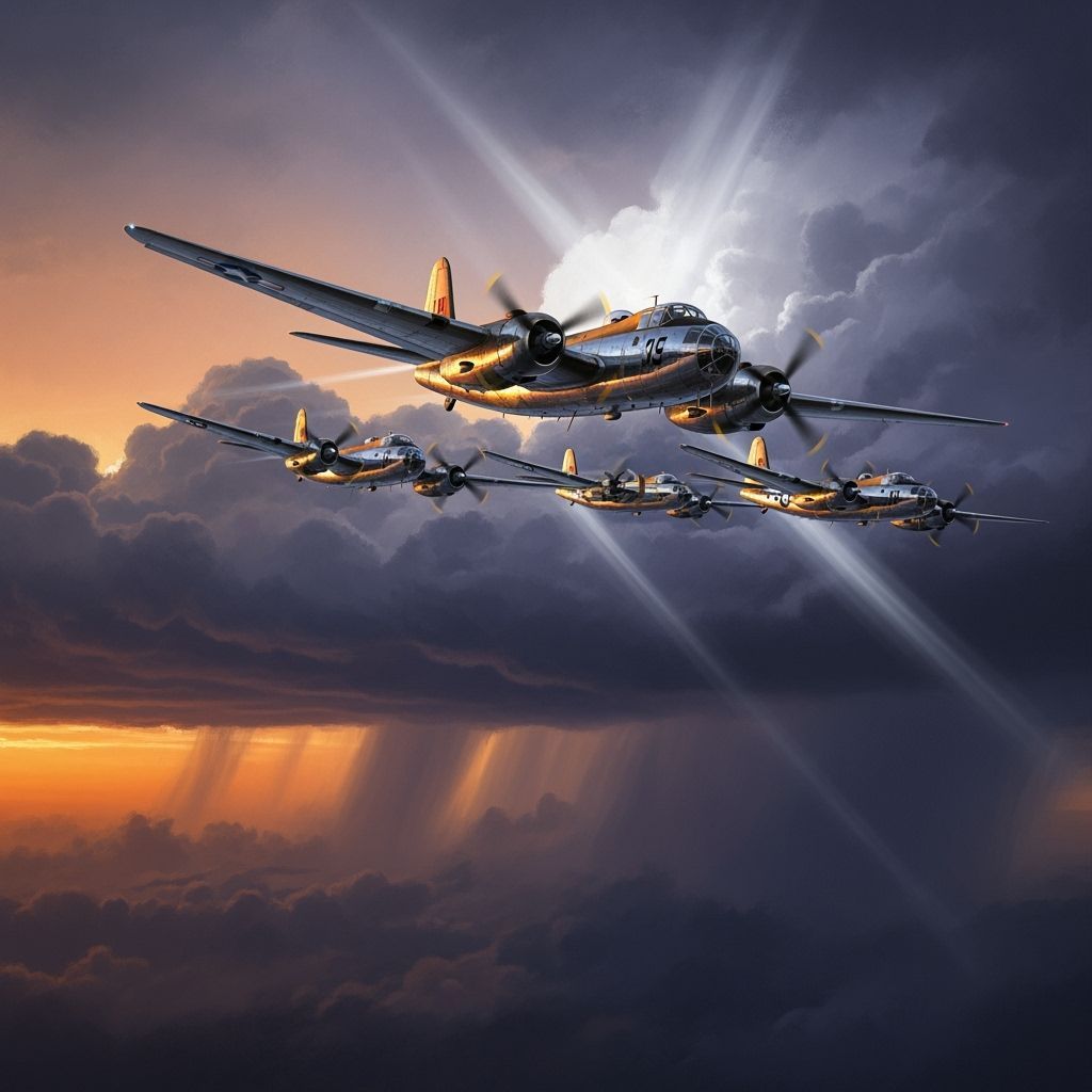 Martin 139W Squadron Soaring Through Stormy Sunset