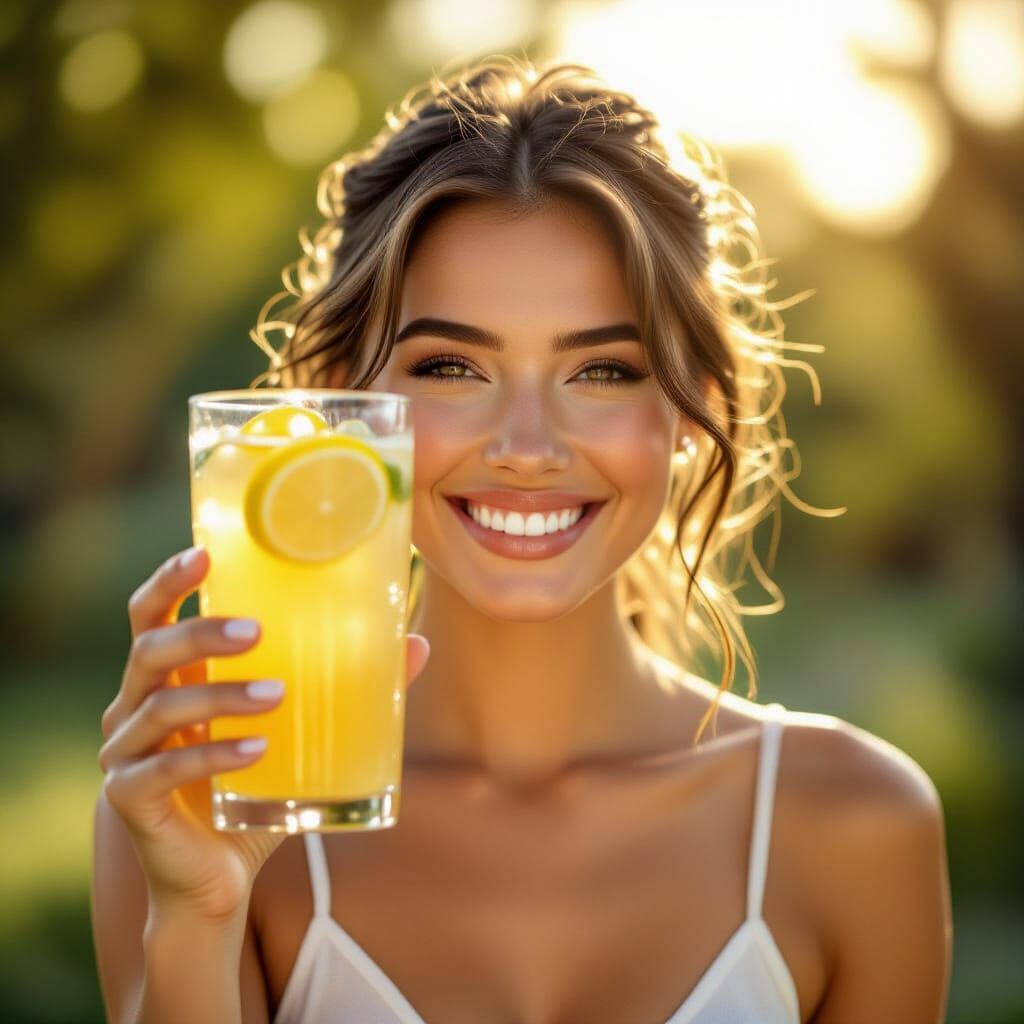 Joyful Woman With Lemonade, Photorealistic Golden Hour