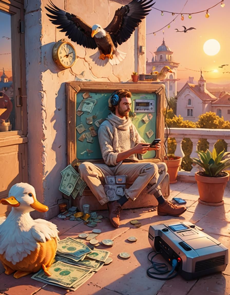 Man on Terrace with Console in Dreamy Sunset