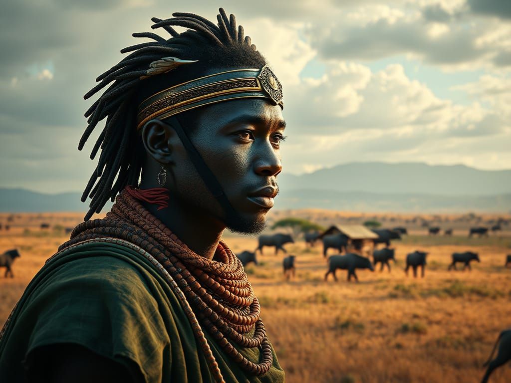 African Warrior in Hyper-Realistic Savannah Landscape
