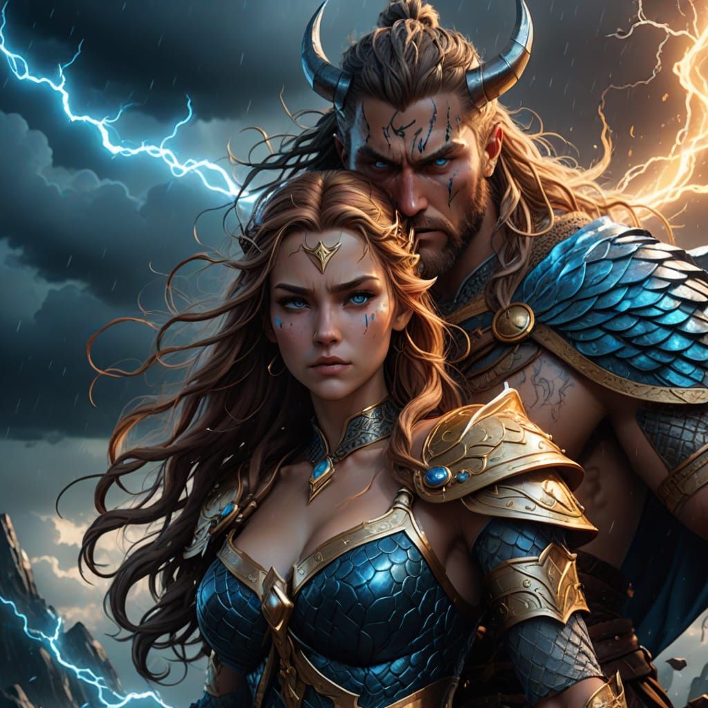 Epic Fantasy Storm God and Siren Queen in Ethereal Dance
