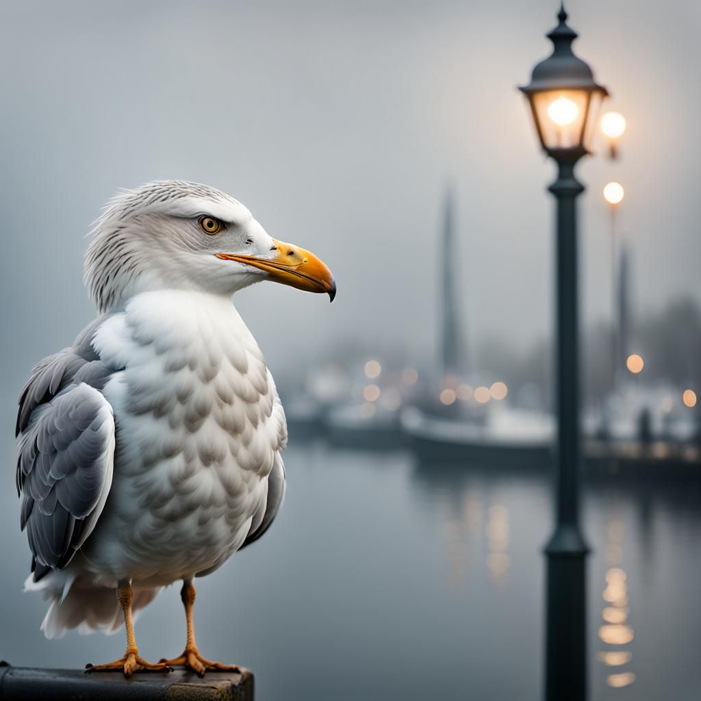 Herring Gull Perched in Misty Harbor: Wildlife Photography