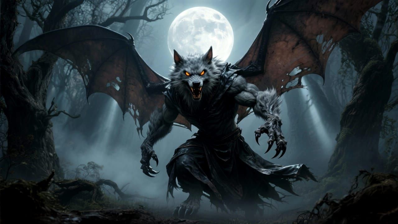 Werewolf Bat Hybrid Emerges from Misty Forest