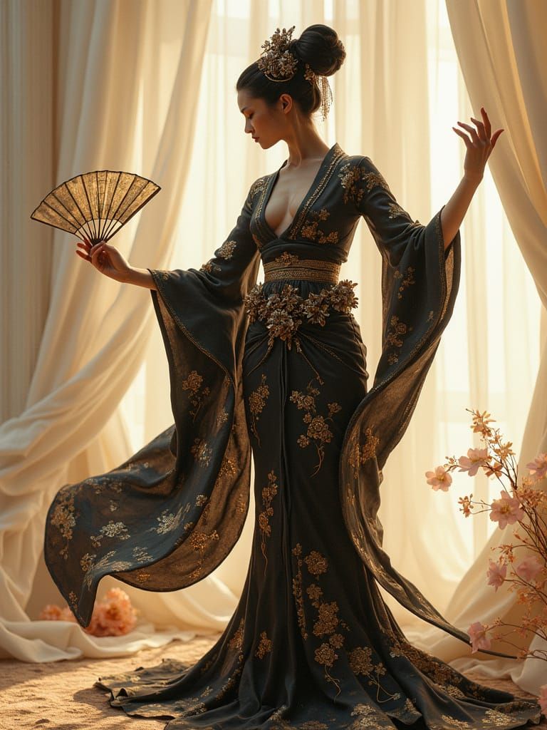 Steampunk Geisha Performing Fan Dance in Gold Light