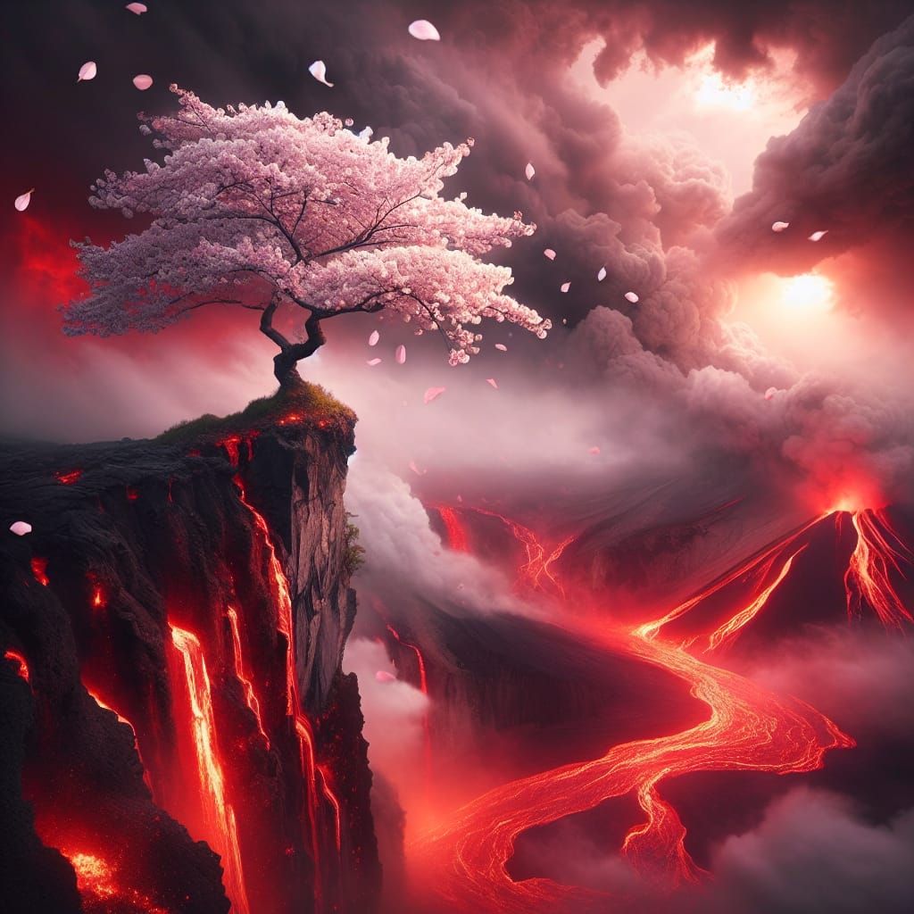 Sakura Tree Amidst Volcanic Eruption