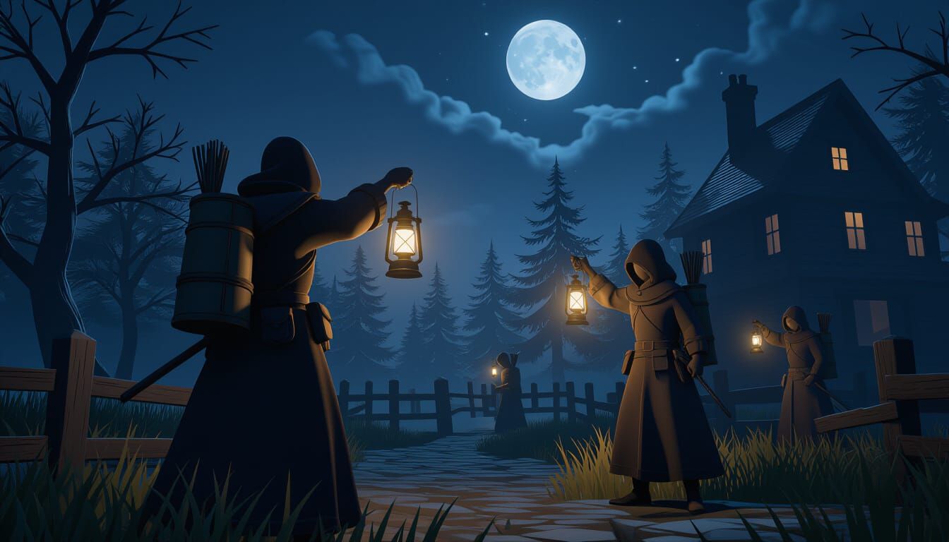 Nightwatchers with Lanterns Guarding Against a Thief in Cine...