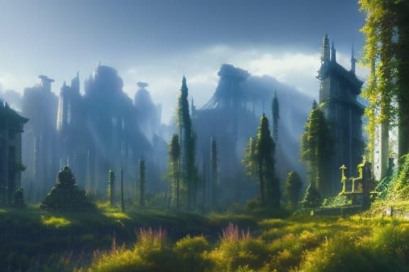 Nature Reclaims Ruins in Studio Ghibli Anime Style