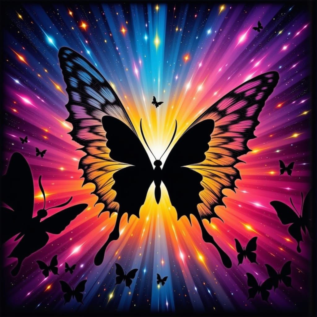 Butterfly Silhouette Against Abstract Starburst in Synthwave...
