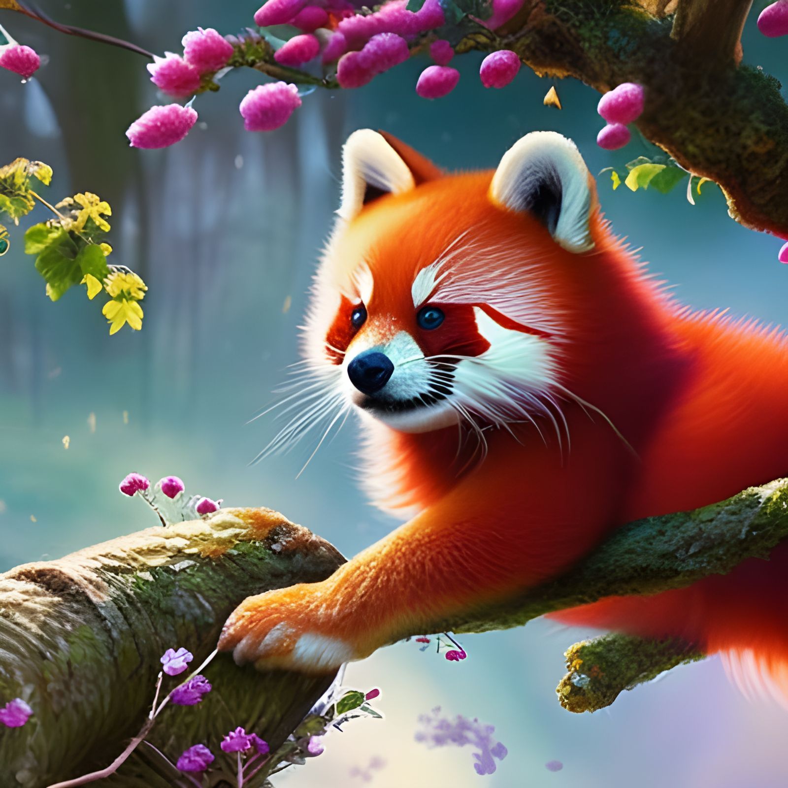 Red Pandas in a Fantastical Floral Tree