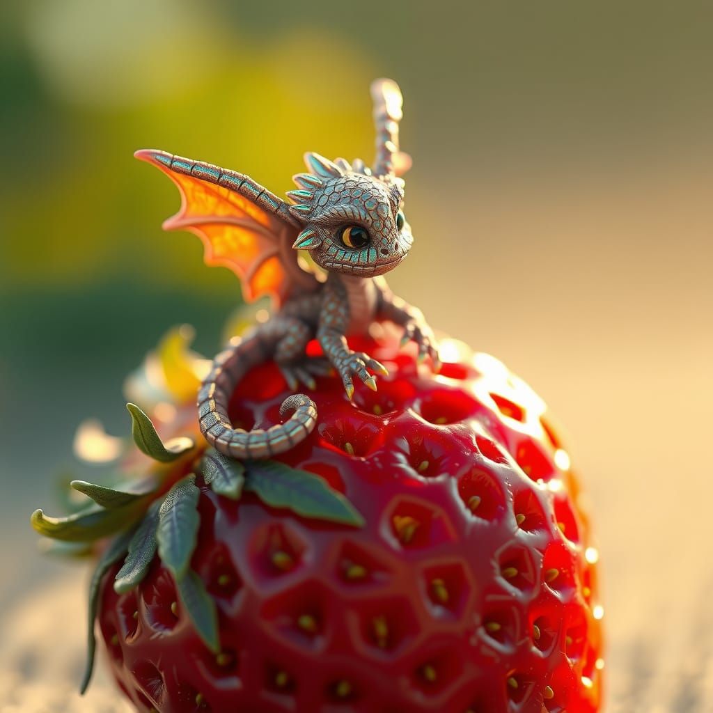 Mini Dragon on Strawberry in Detailed Realism Style
