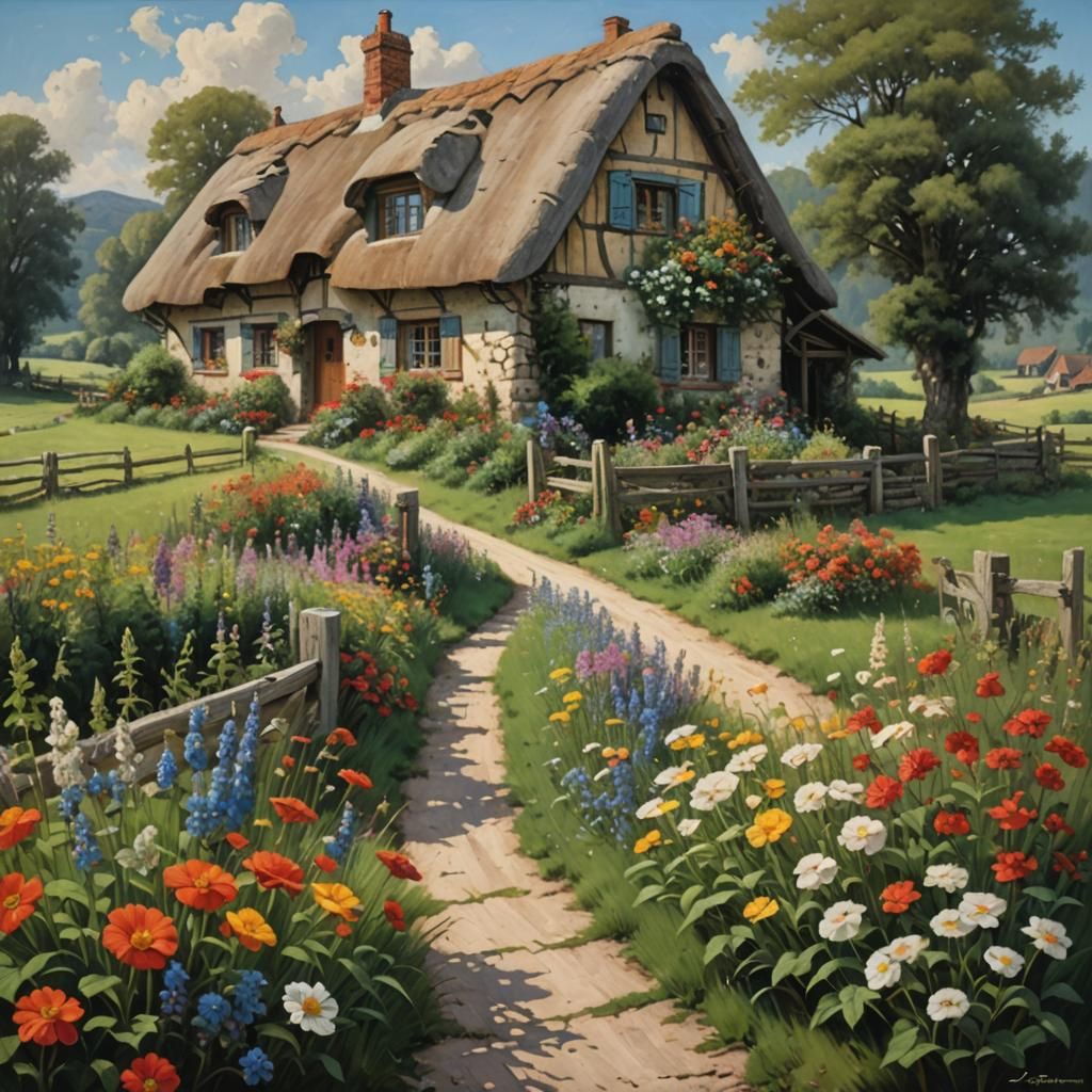 European Cottage with Flowers: A Realistic Oil Painting