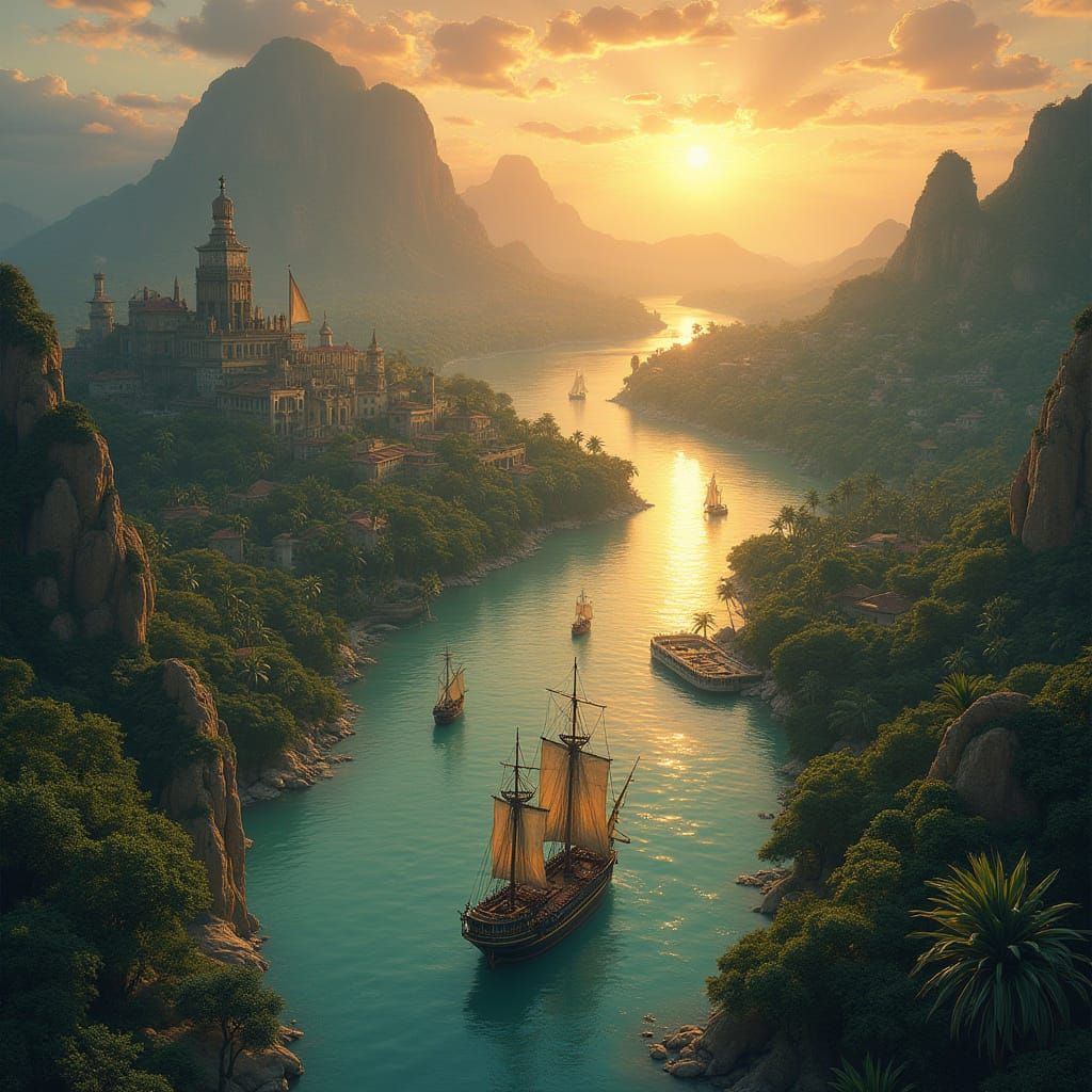 Tropical Fantasy Cityscape with Majestic Mountain and Windin...