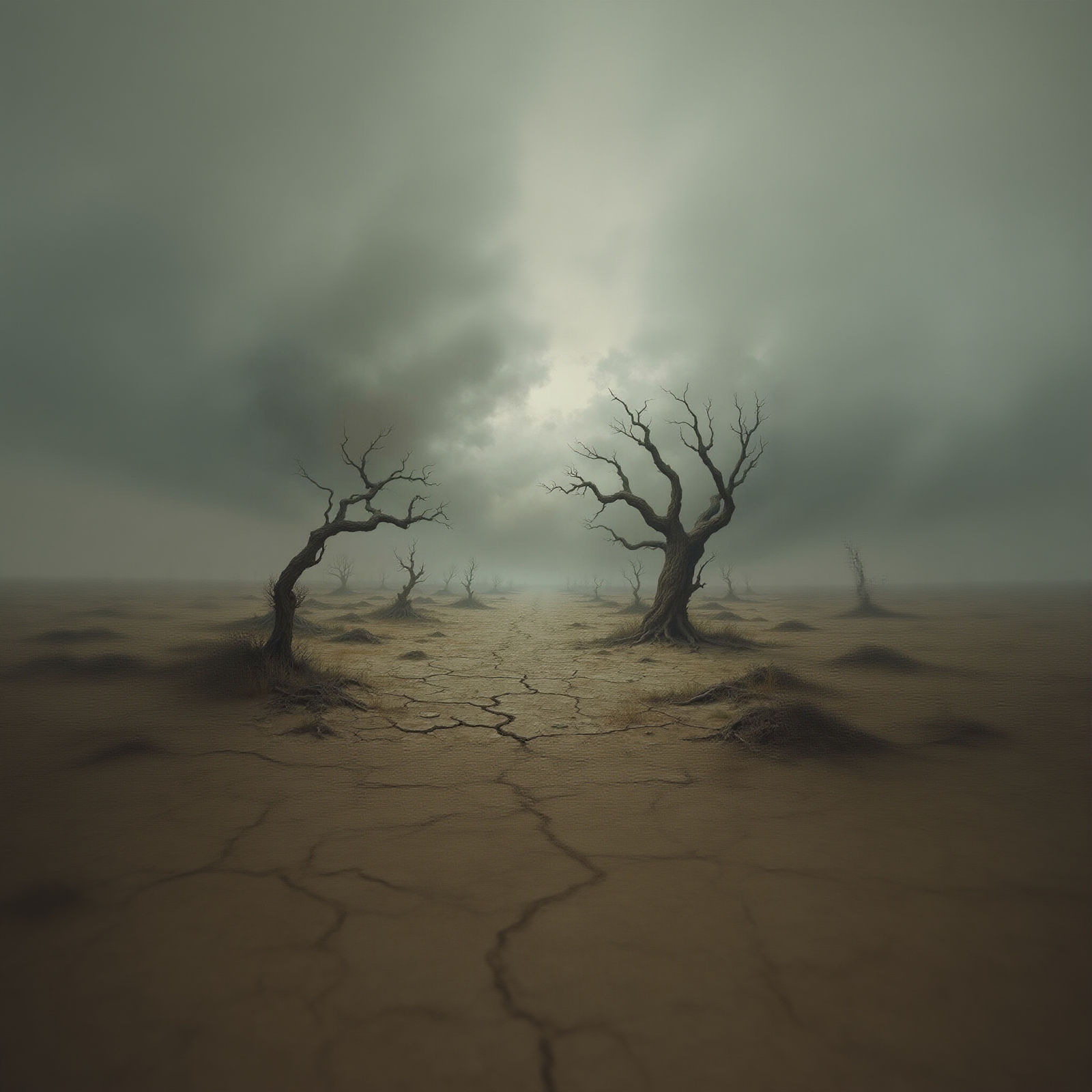 No Human Presence in A desolate, windswept plain stretches out under a bruised, stormy sky, the cracked earth littered a...