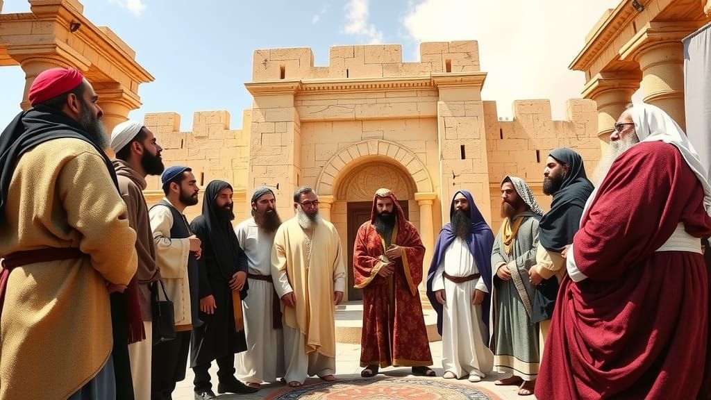 Visualize a group of Jewish men in ancient Israel, gathered ...